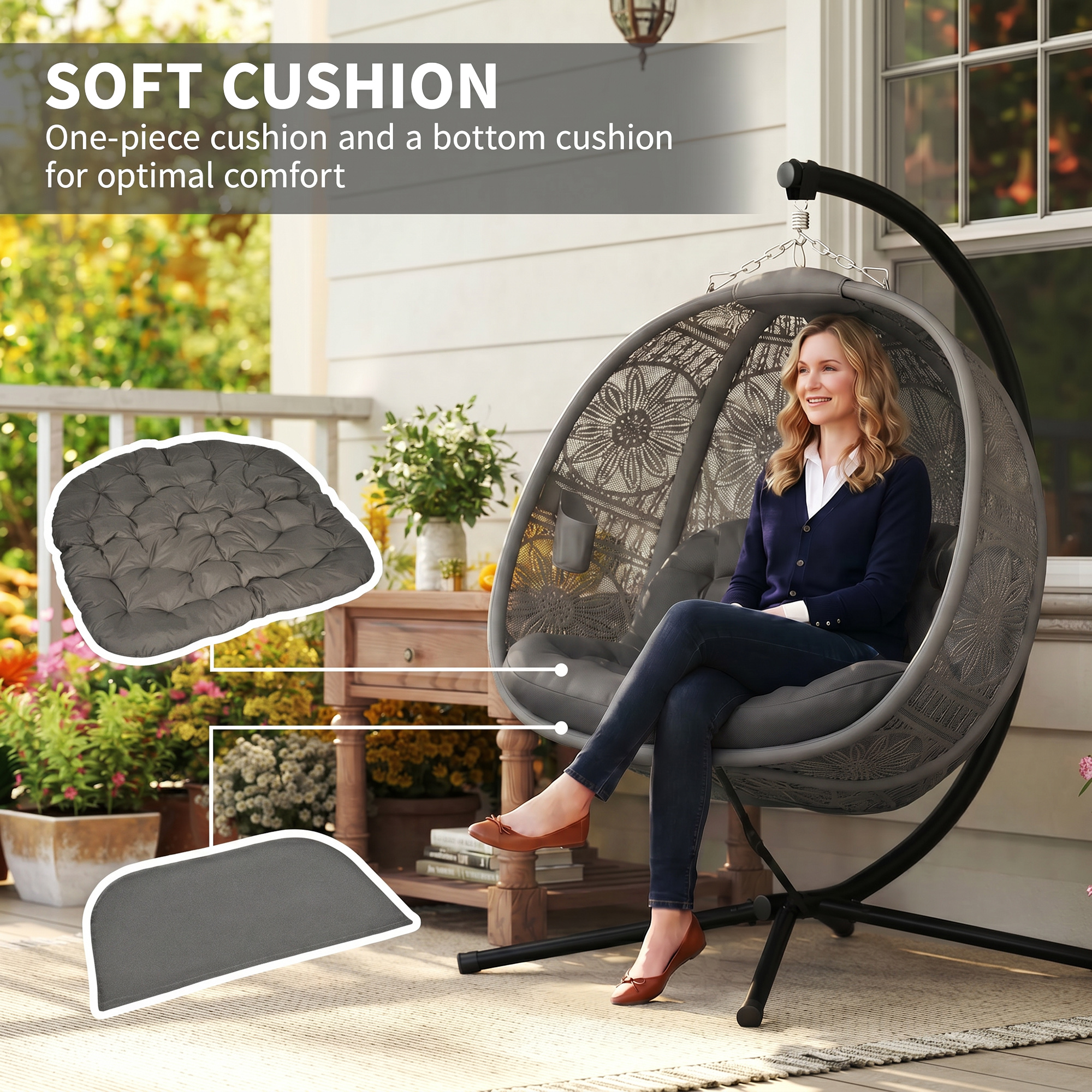 Round Egg Basket Chair With Steel Bracket, Charcoal Gray