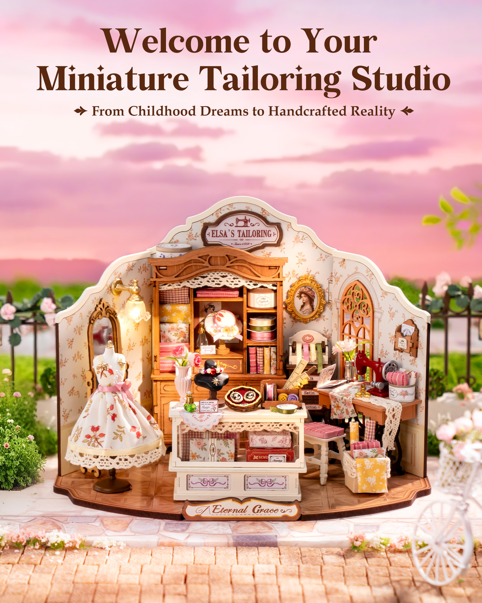 Rolife Elsa's Tailor Shop Mini Dollhouse Set, 266 Pieces DIY French Vintage Tailor Shop Dollhouse With LED Lights, Glue-Free Assembly, Home Decor & Adult Gift