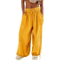 Women's Solid-colour Wide-leg Pants With Elastic Drawstring Waist Elasticized Leg Cuffs Side Pockets For Spring&Fall Fashionable Simple Wear - Yellow - View 1