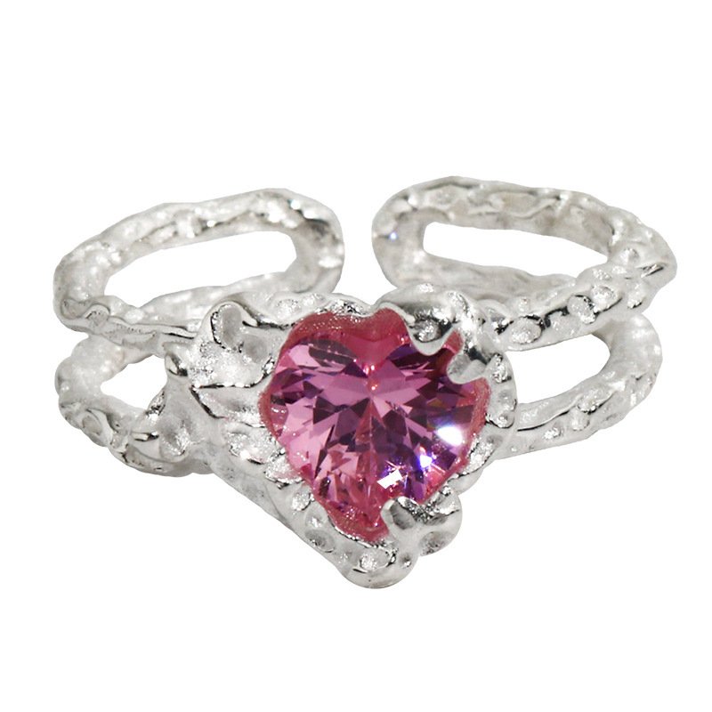 Sterling Silver Diamond Heart Texture Opening Ring