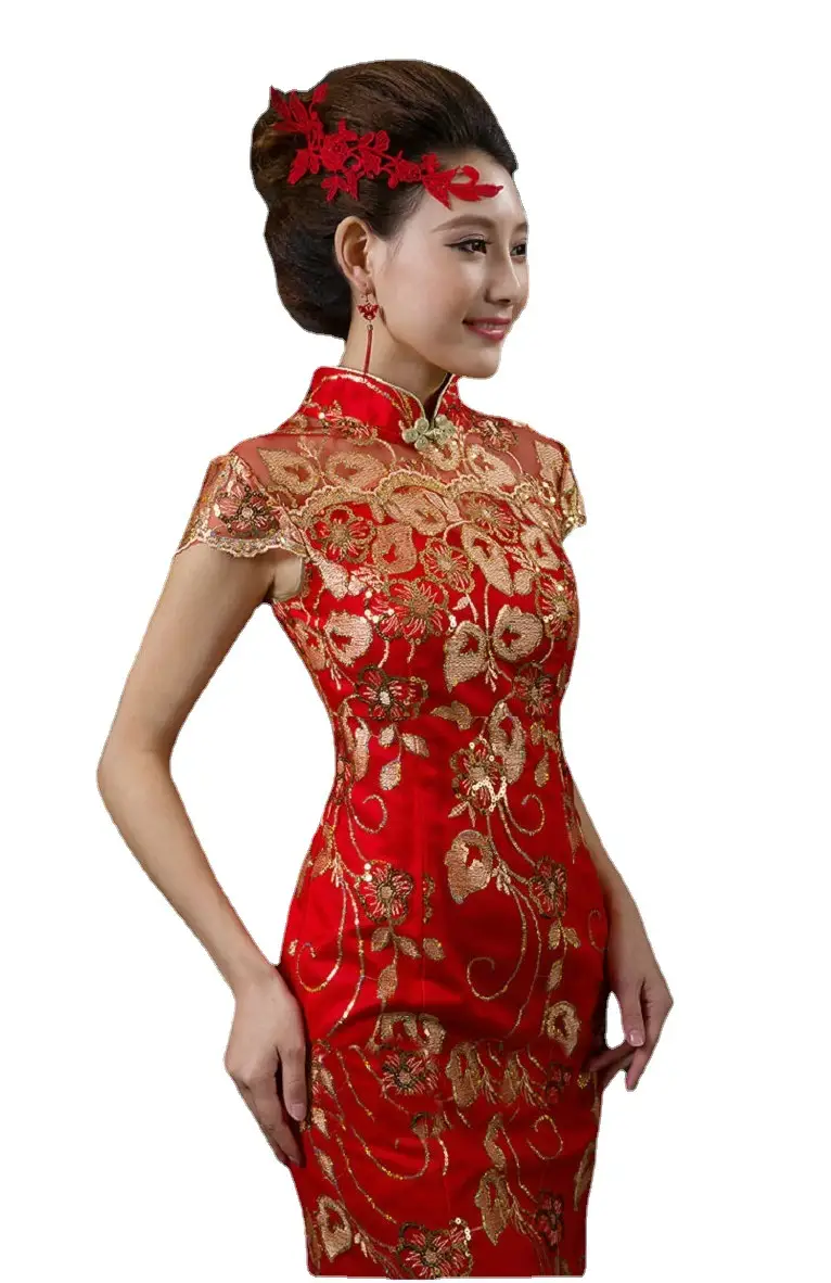 Bride Red New Style Long Retro Improved Slim-fitting Slimming Cheongsam Fishtail Wedding Dress Summer