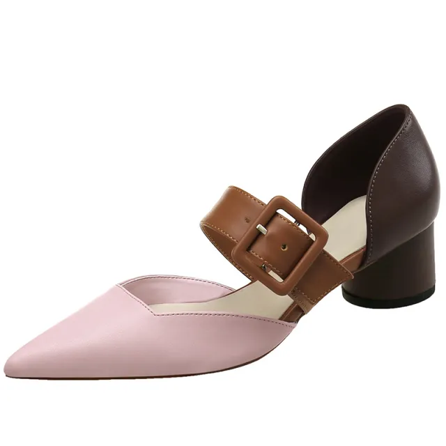 Casual Korean Fashion Square Buckle Colorblock High Heels Pointed Mary Jane Shoes Pink - Shop at LoveMi