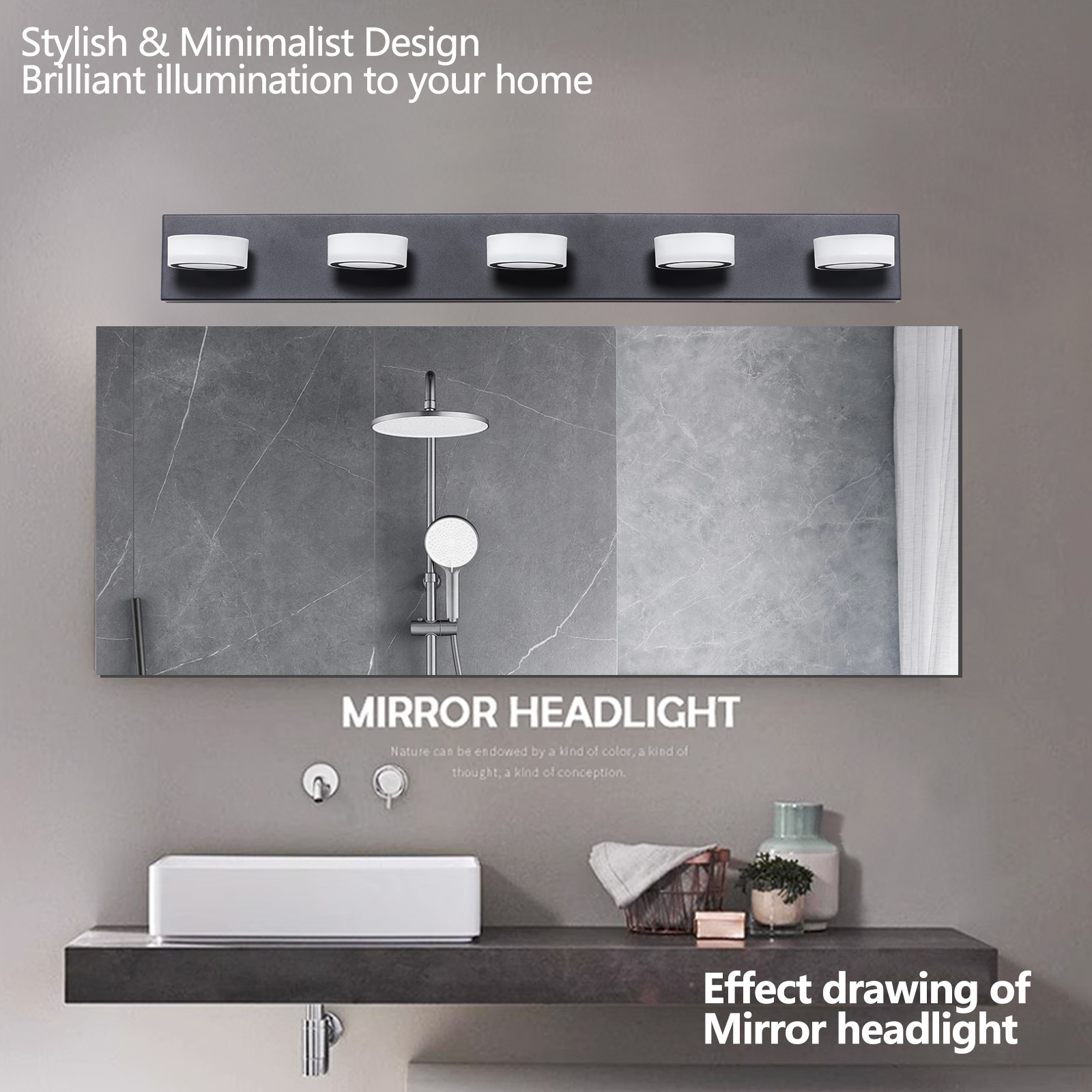 37 Modern 5-Light LED Vanity Light, Sleek Black Bathroom Wall Light Fixture For Mirror, Shower, And Bathroom Decor