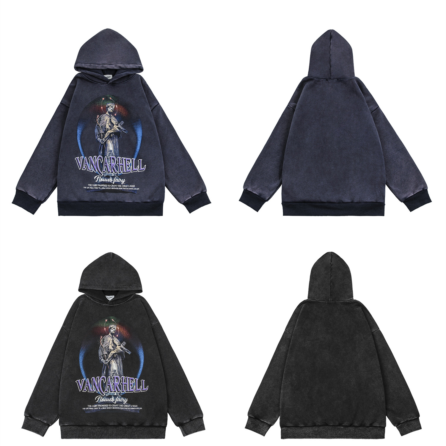 Dark Black Printed Plush Loose Hoodie