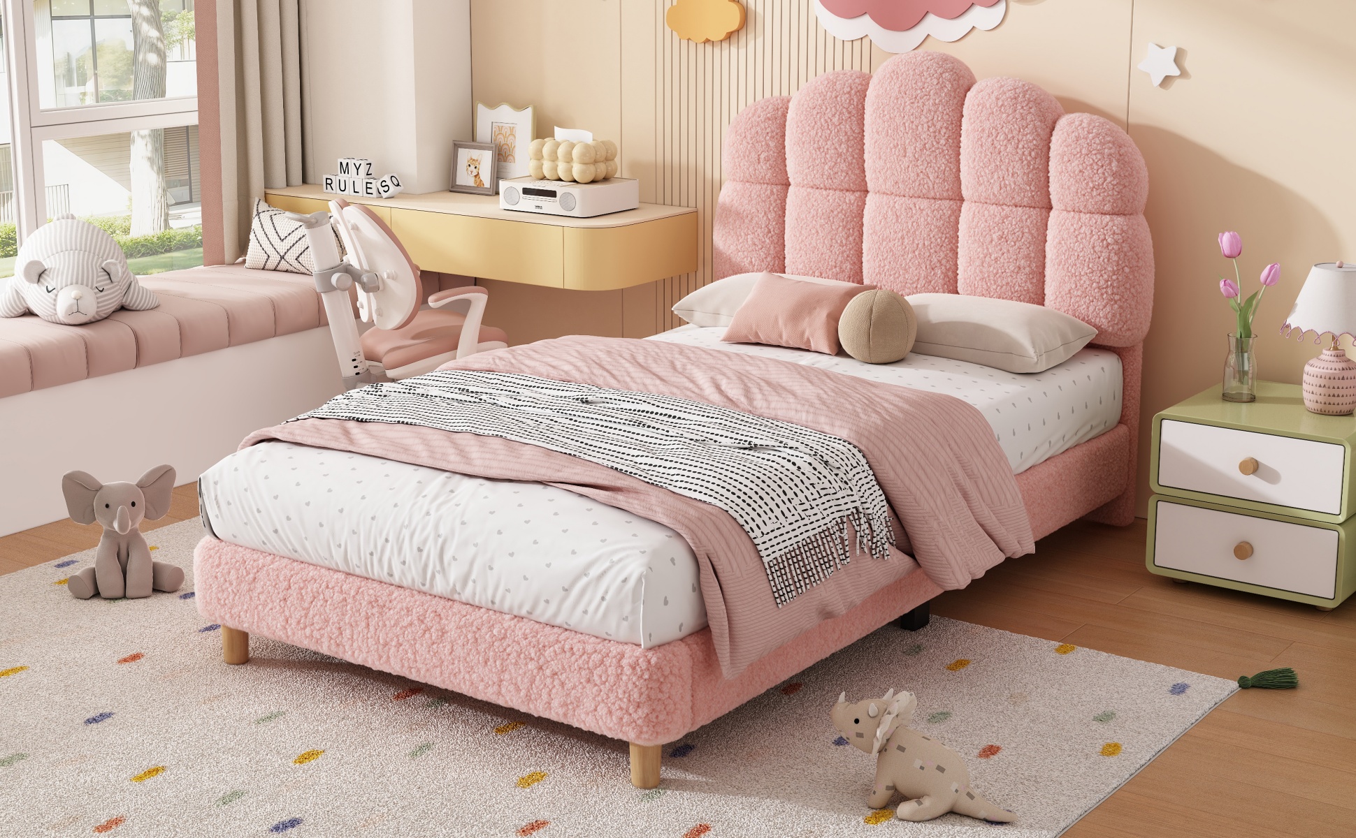 3ft Single Boucle Upholstered Bed Frame With Cloud Shaped Headboard, Adjustable Headboard & Solid Wood Legs, Sturdy Supp