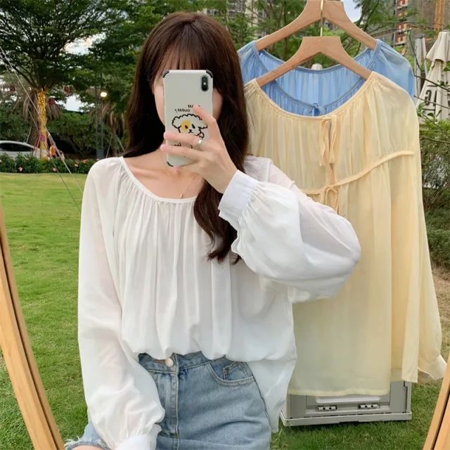 Version Loose Long Sleeve Chiffon Shirt With Lace Up Front And Back White - Shop at LoveMi