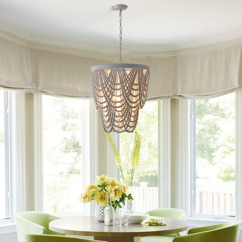 Bohemian Style Wooden Bead Chandelier in Living Room