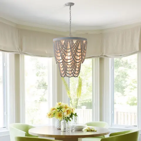 Bohemian Style Wooden Bead Chandelier in Living Room