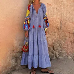 Women's Stripe Maxi Dress, V Neck Puff Long Sleeve With Tiered Ruffle Hem Swing Dress - Blue - View 1