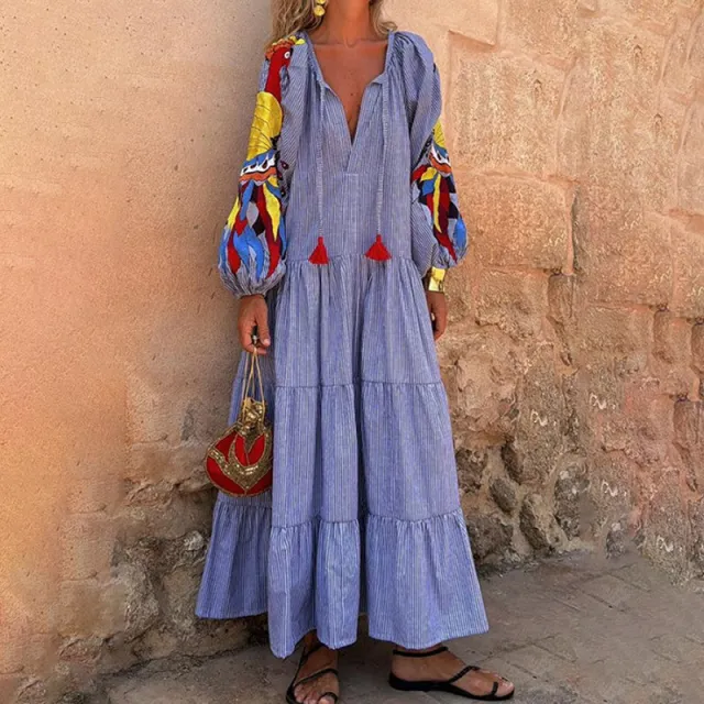 Women's Stripe Maxi Dress, V Neck Puff Long Sleeve With Tiered Ruffle Hem Swing Dress Blue - Shop at LoveMi