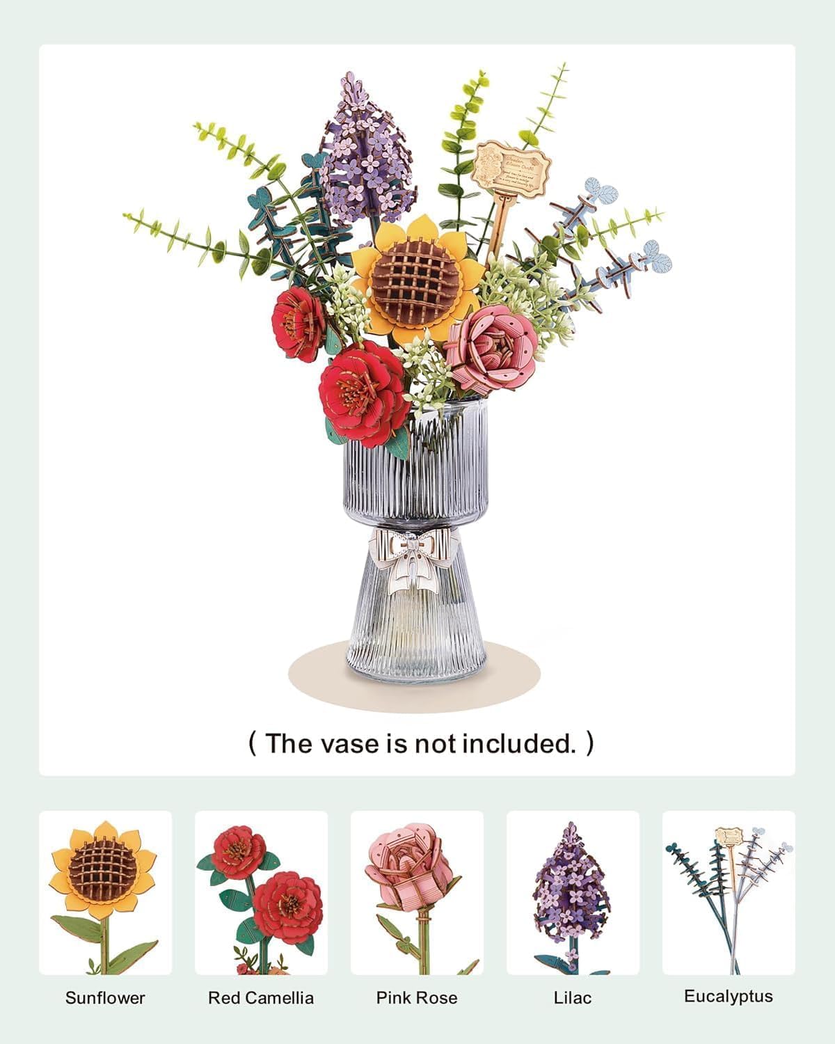 ROBOTIME Flowers 3D Wooden Puzzle Model Kits For Adults To Build, Artificial Flowers For Decoration, Home Decor Accessories Living Room, Gifts For Women On Valentine's Day, Flower Bouquet TW01H