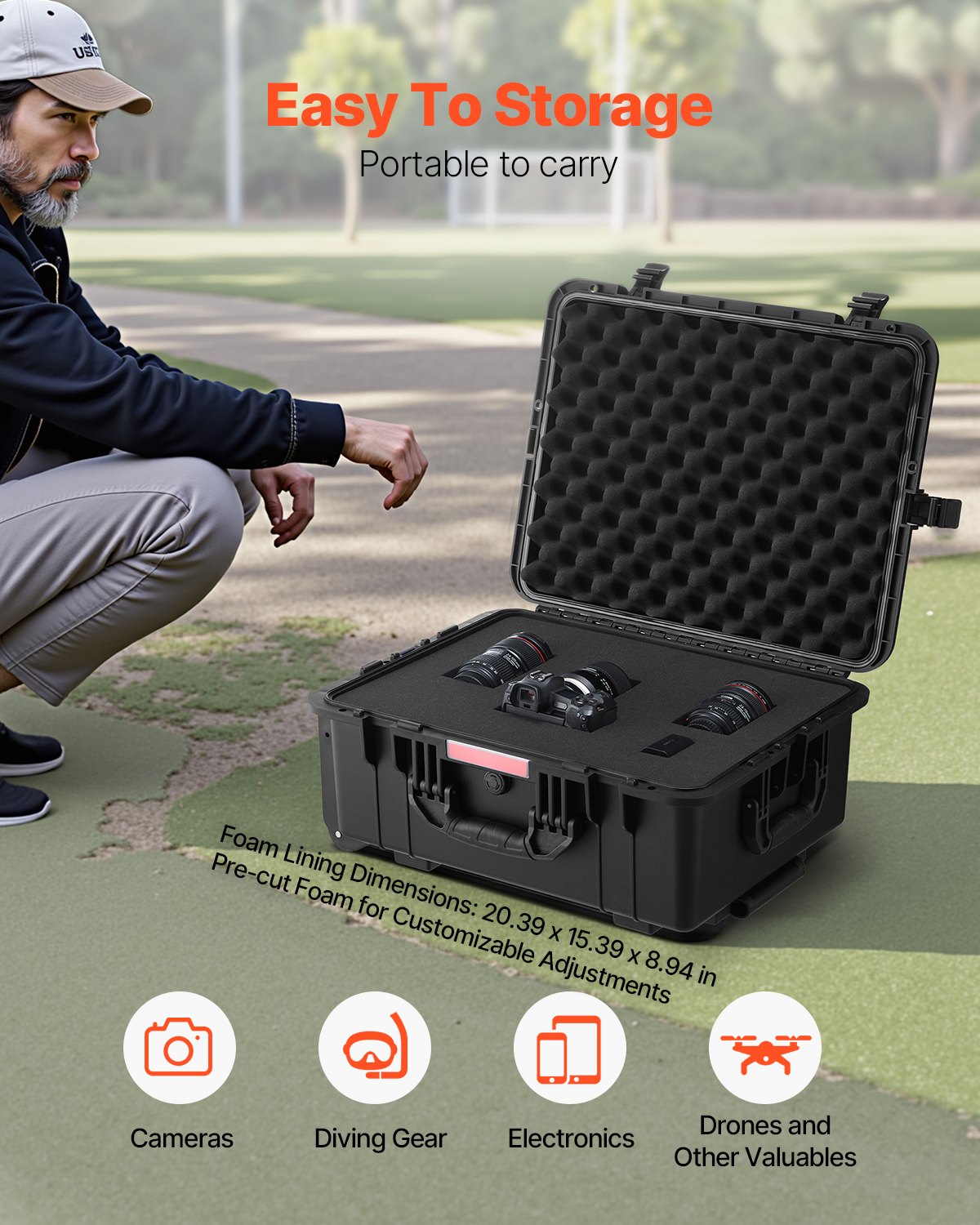 Weatherproof Hard Case, Heavy Duty Protective Dry Box Case With Pre-Cut Foam, Wheels Retractable Pull Handles For Travel, Hunt, Military, Tactical, IP67 Waterproof Case For Cameras