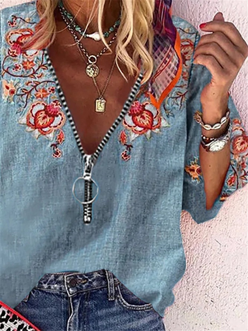 Women's V-neck Nine-Sleeve Zipper Printed Shirt