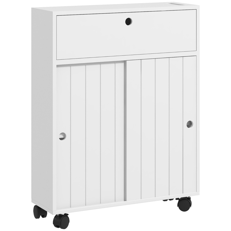 Kleankin Toilet Paper Cabinet, Slim Bathroom Cabinet With 4 Rolling Wheels, Small Bathroom Storage Cabinet With Paper Holes, Sliding Doors And Adjustable Shelf For Small Space, White