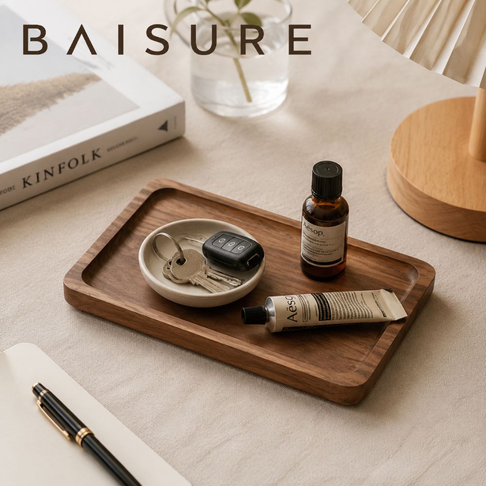 Natural Acacia Wood Organizer Tray With Raised Edge Rounded Rectangle Tray