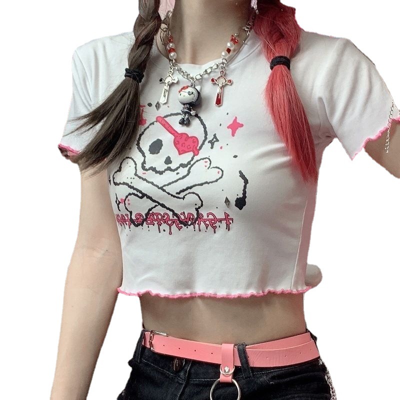Dark Cartoon Print Crew Neck Short Sleeve Crop Navel T-Shirt