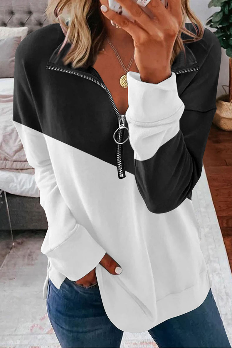 Contrast Color Zip Pullover Sweatshirt Loose Versatile Long Sleeve Top