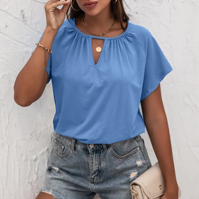 Women's New Round Neck Loose Hollow Short Sleeve T Shirt Blue - Shop at LoveMi
