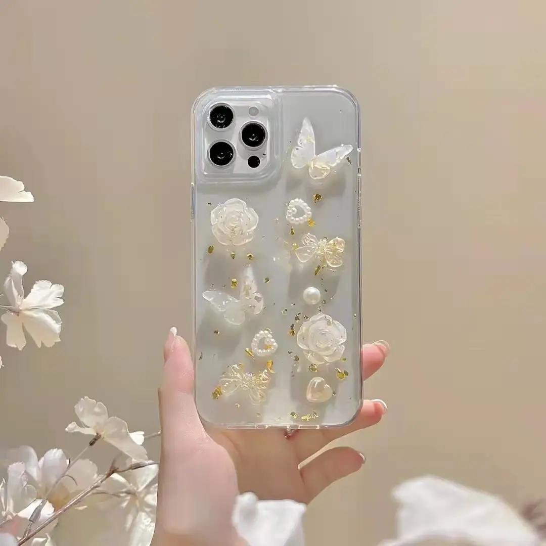 Ins Girl Beautiful Butterfly Rose Transparent Phone Case Love Pearl