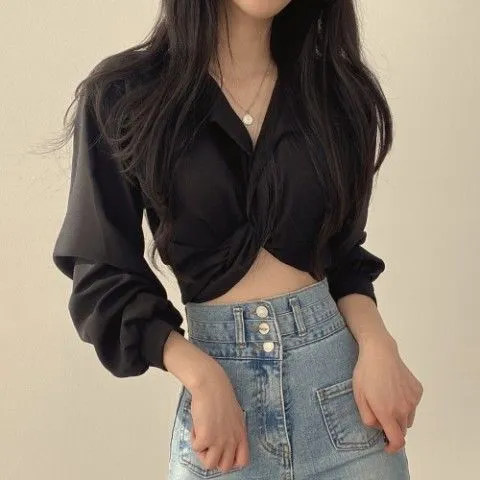 French Women's Niche Design Lace up Bow Shirt Black - Shop at LoveMi