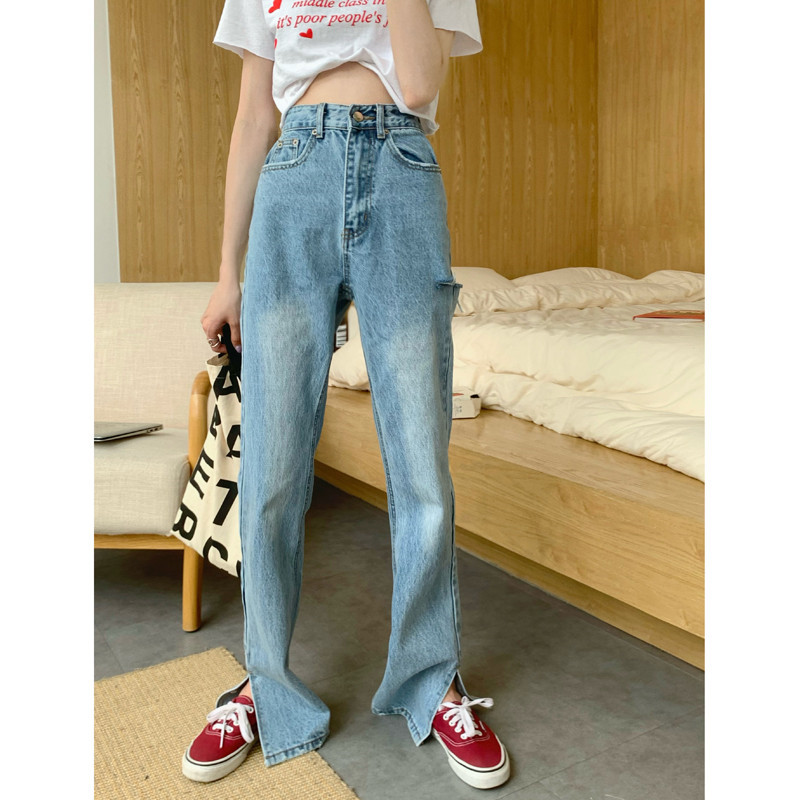Women's Retro Loose High Waist Slit Jeans