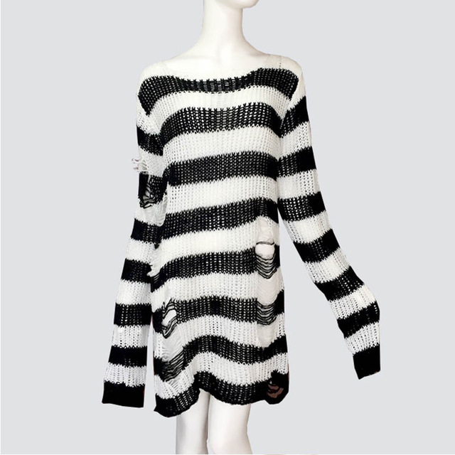 Title 1, Womens Striped Loose Knitwear With Ripped Mid-l...