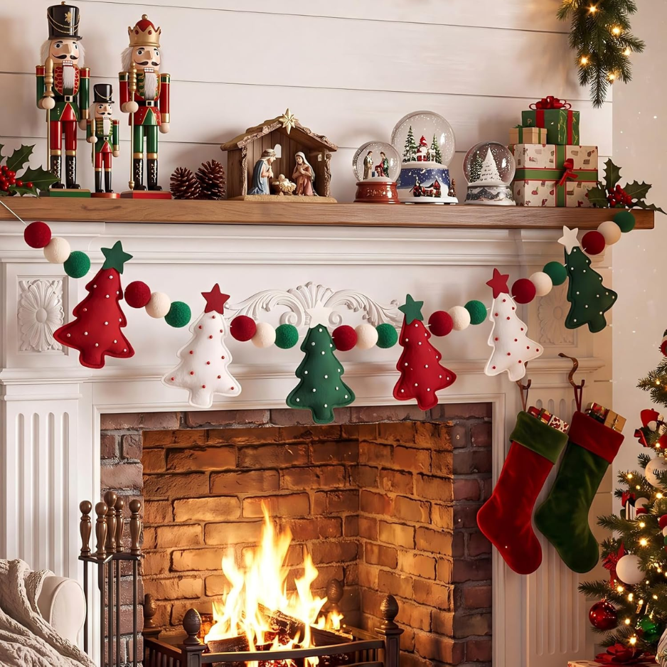 Felt Christmas Tree Garland With Star Xmas Tree Decor 3D Red Green Pom Ball Banner, Holiday Decorative Hanging Bunting Garland, For Home 6.56 Feet