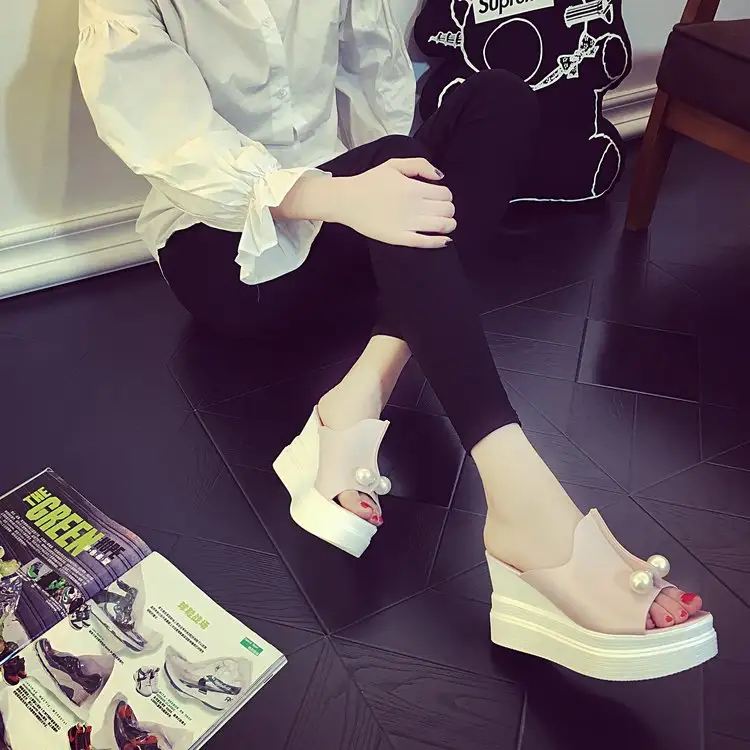 Fish Mouth Round Toe Platform Heel Beaded Women's Sandals