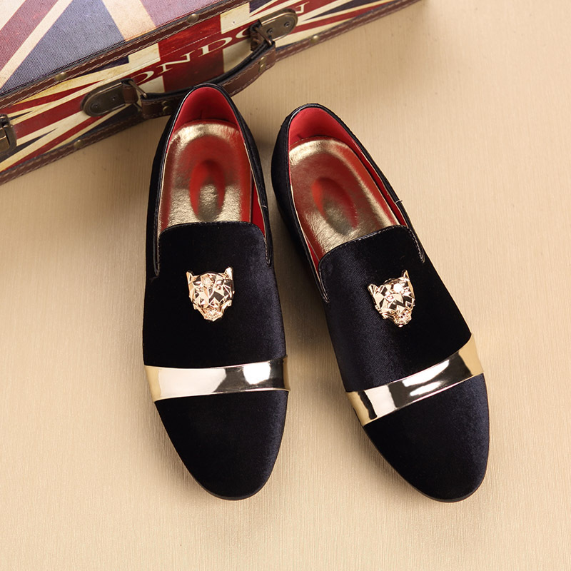 Title 3, Nubuck leather loafers with golden tiger head b...