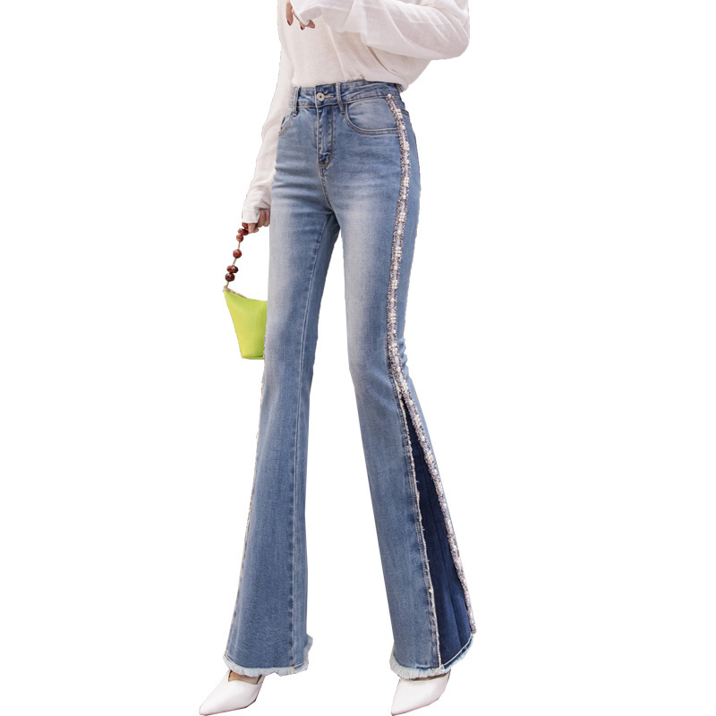 Embroidery Beaded Fashion Flared Pants High Waist Slimming Jeans Women