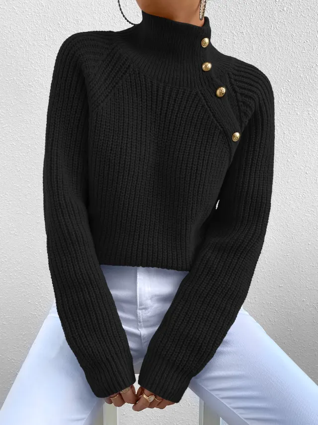 Women Casual Solid Color High Neck Raglan Sleeve Button Decor Pullover Sweater Black - Shop at LoveMi