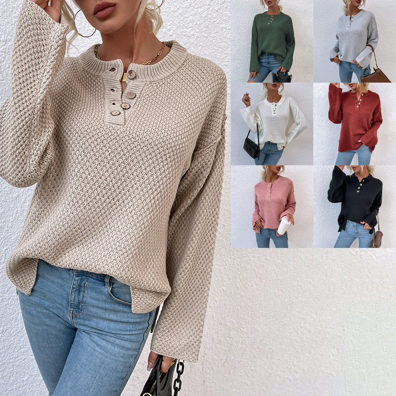 Round Neck Buttoned Cardigan Sweater Women's Split Knit Sweater