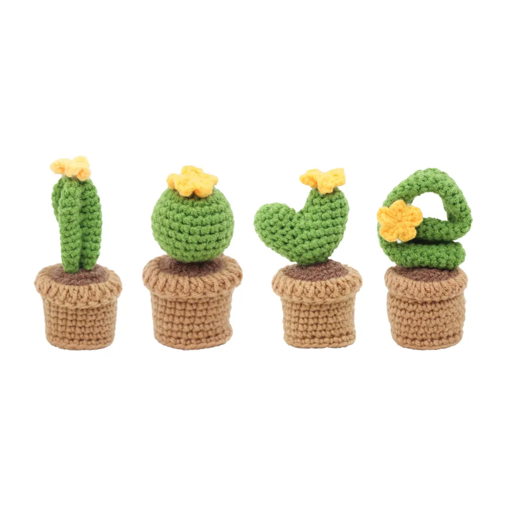 Handmade Crochet Love Shaped Cactus Potted Ornament Set Soft Yarn Everlasting Crochet Green Plant Indoor Home Tabletop Decoration