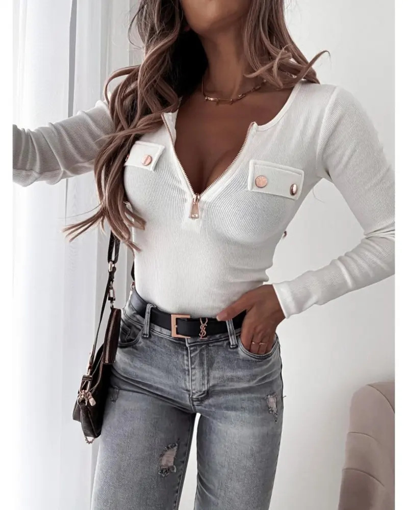 Title 7, Fashion Knitted Slim Long Sleeve Pullover Zippe...