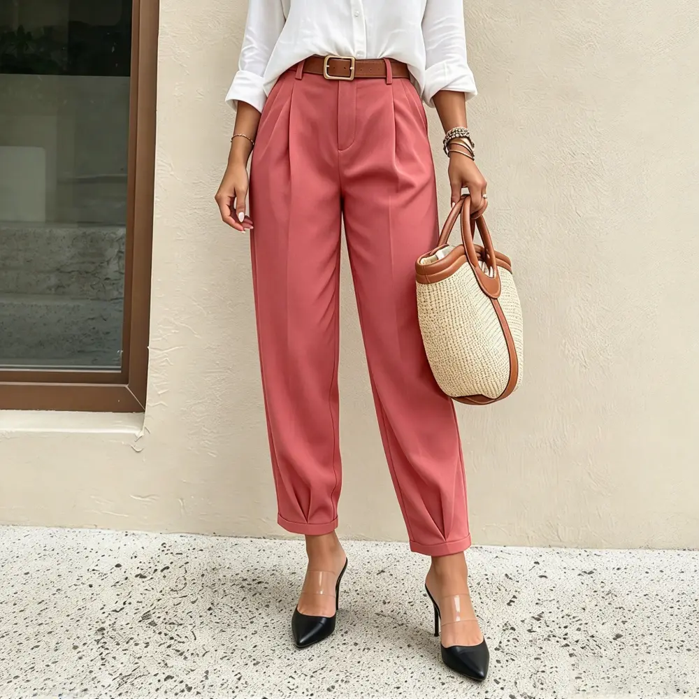 Women Woven High Waist Pleated Ankle Tapered Pants