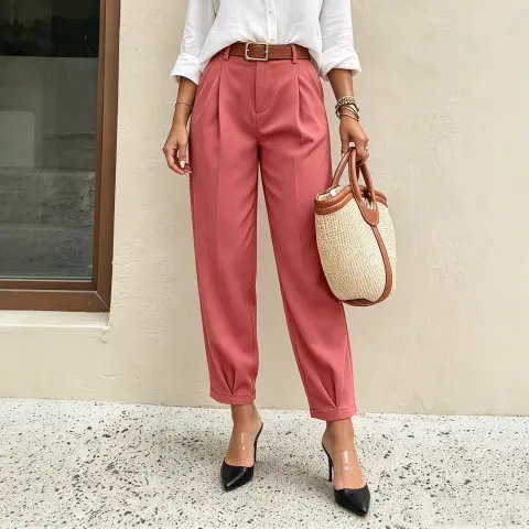 Women Woven High Waist Pleated Ankle Tapered Pants