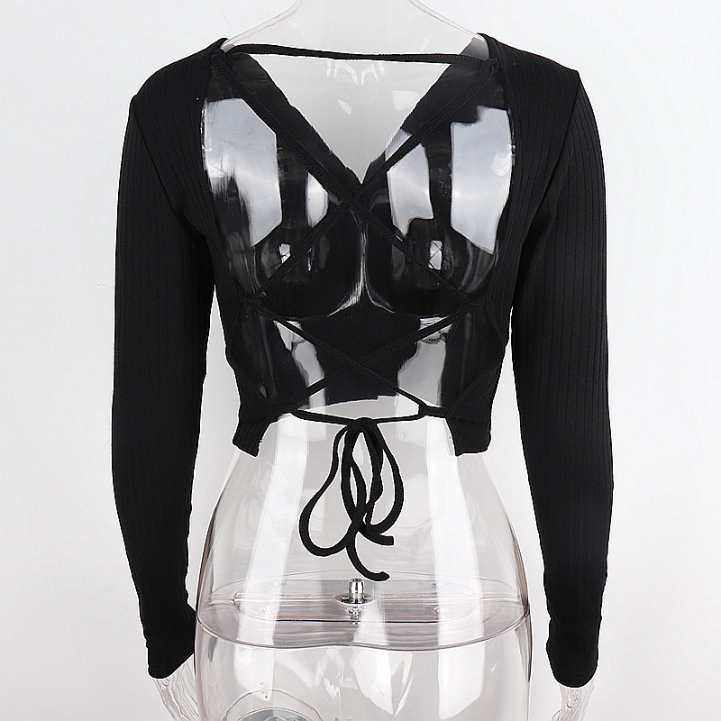 Women's V-Neck Buttoned Back Tie Long Sleeve Top