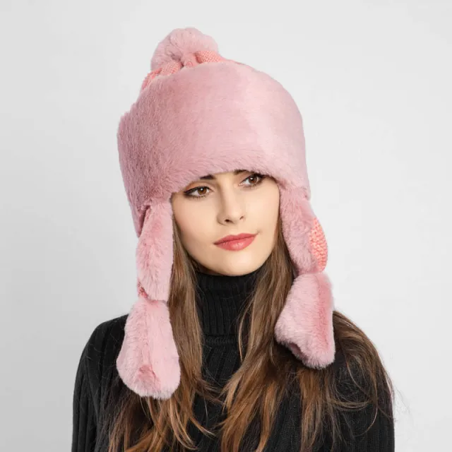 Adult Rabbit Fur Earmuffs And Fleece Lei Feng Hat Pink - Shop at LoveMi
