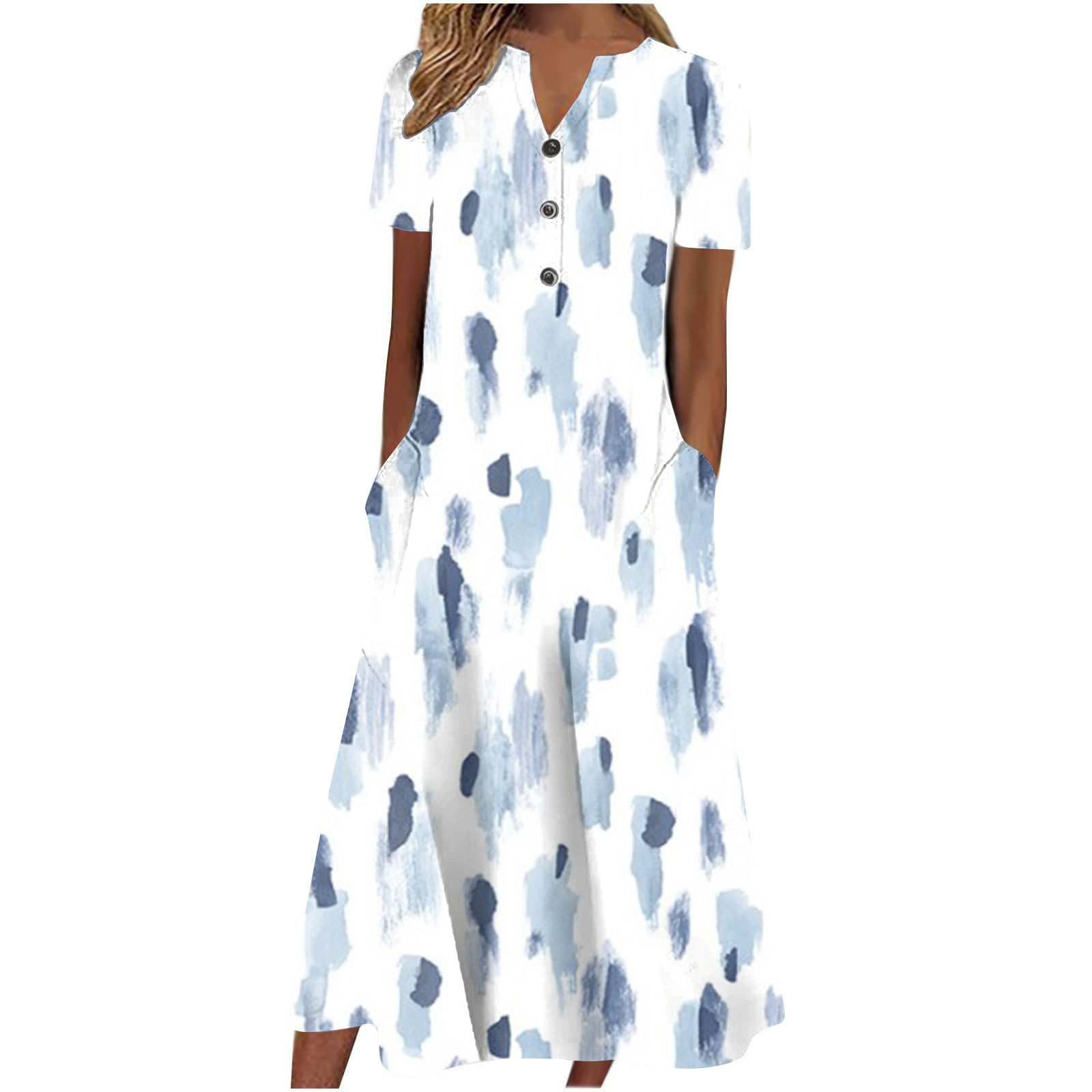 Damen Sommer Freizeit Kurzarm Lange Midi Uni Kleider mit Taschen - Bild 8 von 13
