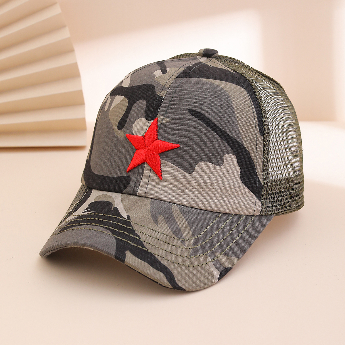 Embroidered Five-pointed Star Military Green Mesh Baseball Cap, Personalized And Casual Camouflage Canvas Baseball Cap, Fashionable And Versatile