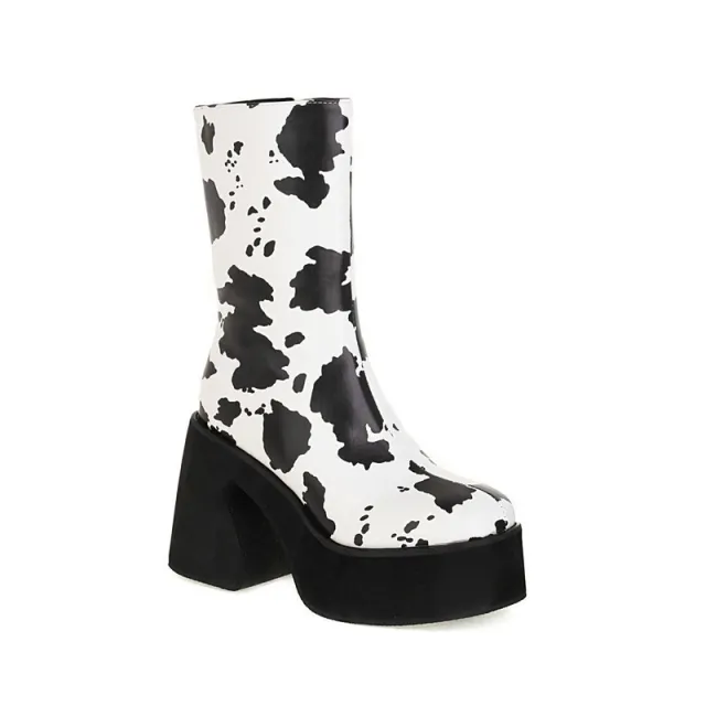 Milk Pattern Love Thick Heel Super High Heel Platform Women's Ankle Boots Cow Pattern 35 - Shop at LoveMi
