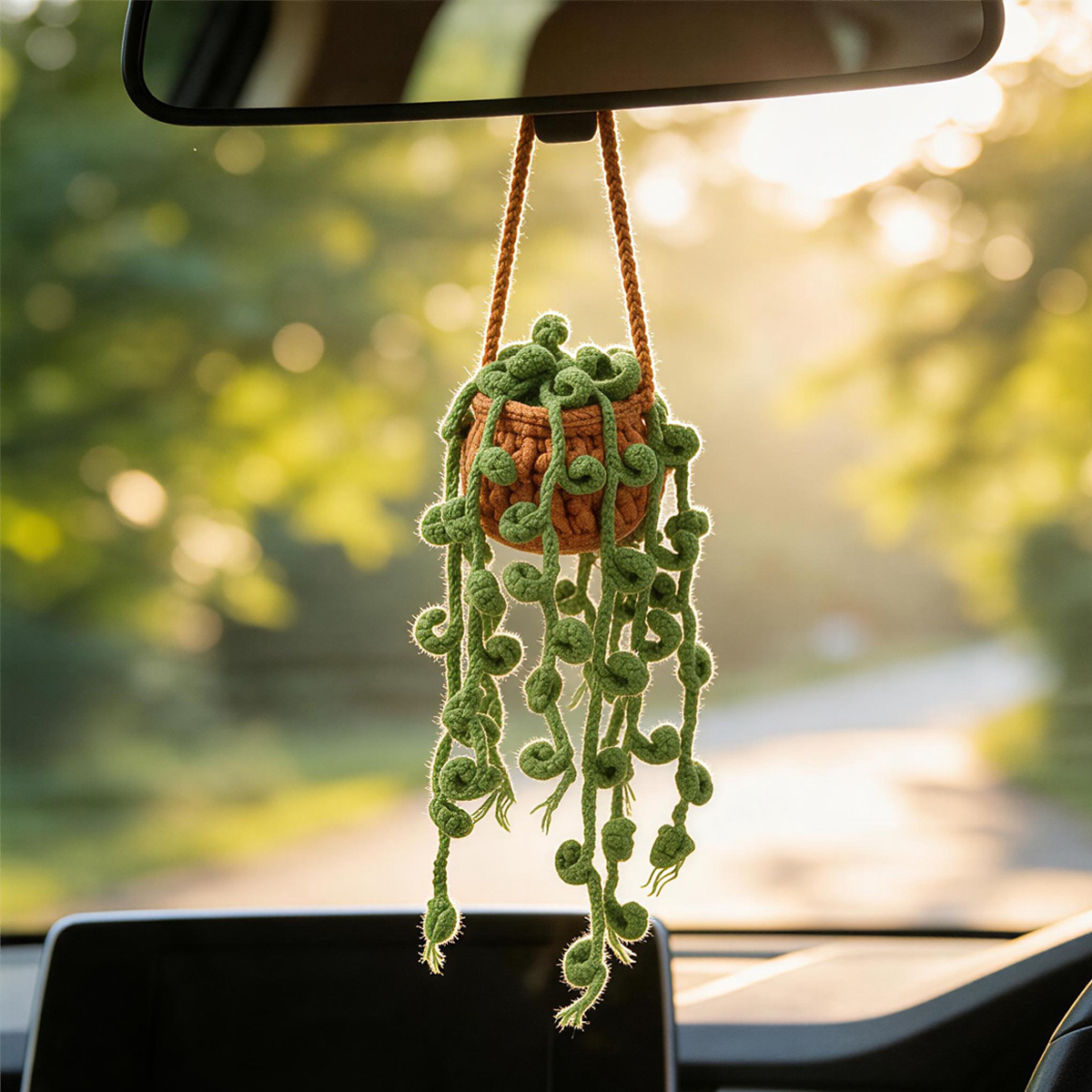 Handmade Crochet Hanging Potted Ornament With Trailing Bead Shaped Green Foliage Everlasting Soft Yarn Crochet Plant Indoor Home Hanging Decor
