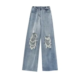 Women's Summer Thin Ripped High Street Jeans - Blue - View 1