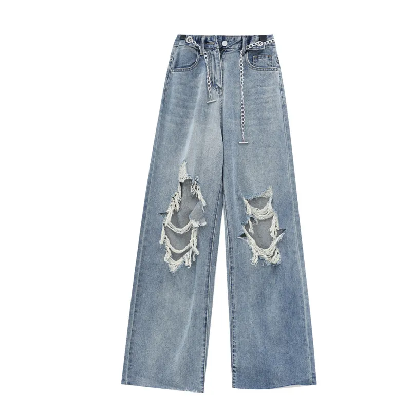 Women's Summer Thin Ripped High Street Jeans - Blue