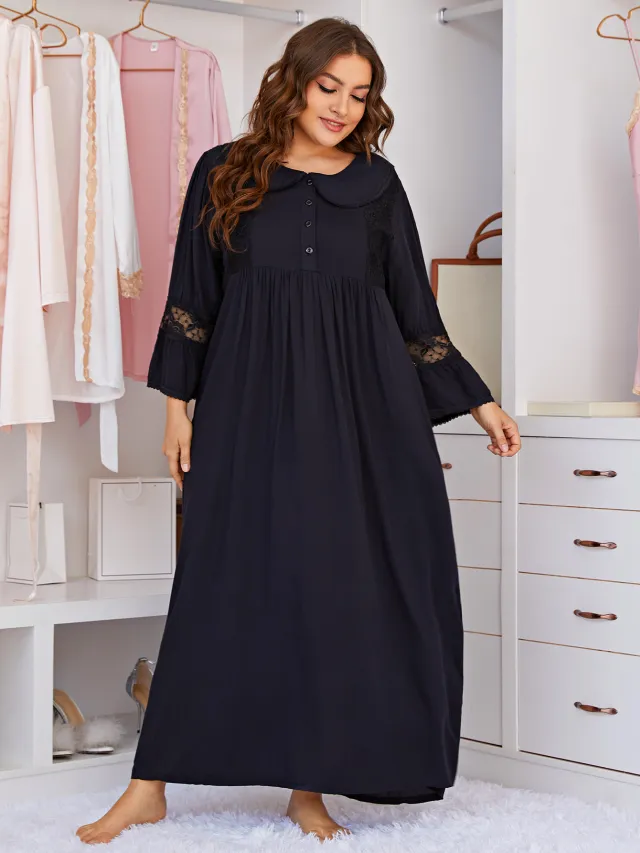 Collar Lace Home Wear Plus Size Mm Black Summer Dress Black - Shop at LoveMi
