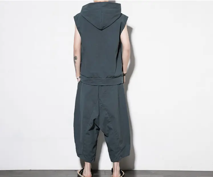 Two-piece Cotton And Linen Solid Color Hooded Vest And Bloomers