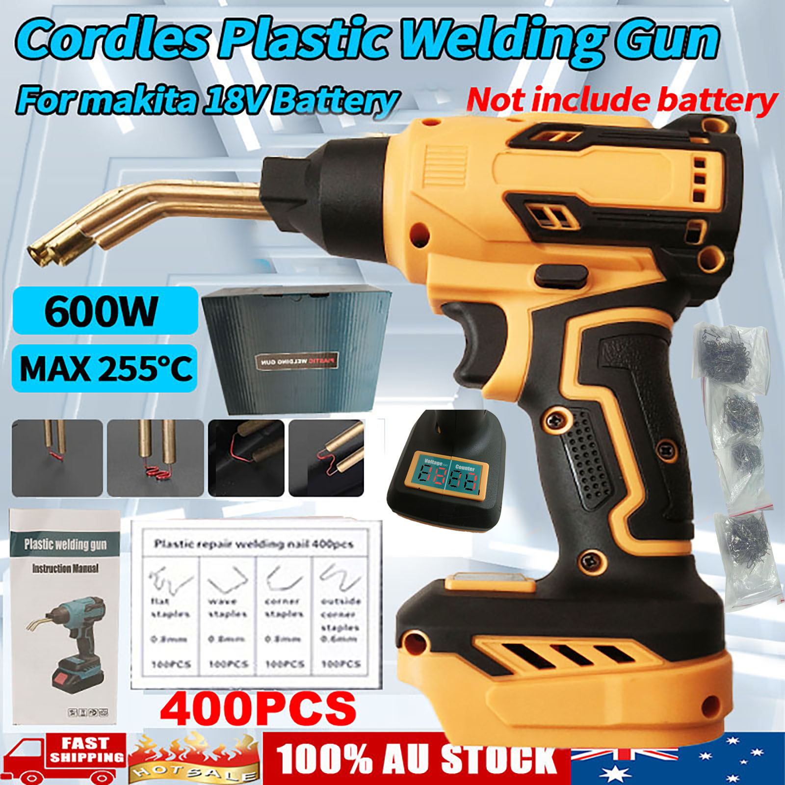 Cordless Plastic Welder Hot Stapler Bumper Welding Tool For 18V Battery Not Included With 400 Hot Staples For Bumper Repair Yellow
