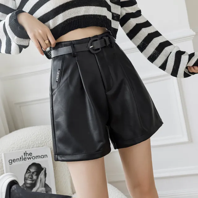 New High Waist Wide Leg A line PU Outer Wear With Belt Leather Shorts For Women Black - Shop at LoveMi