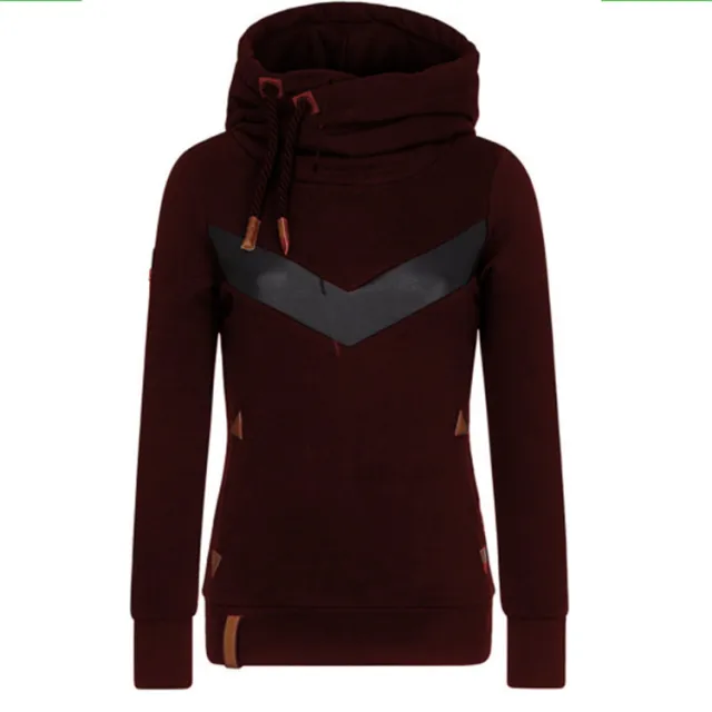 Women's New Long sleeved Hooded Stitching Sweater Wine Red - Shop at LoveMi