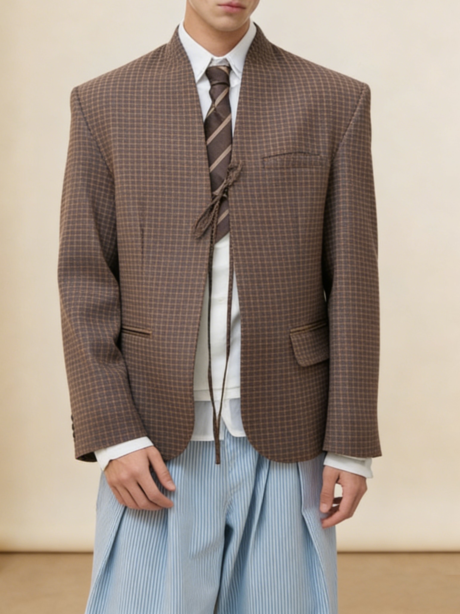Brown Plaid Collarless Deconstructed Blazer Jacket